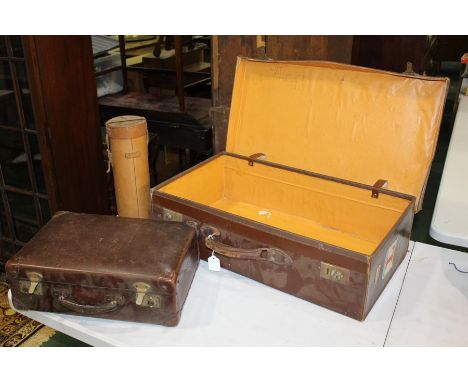 Leather flask case, a leather suit case and another case, (3)