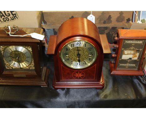 Mahogany cased mantel clock, simulated oak cased mantle clock, desk calendar (3)