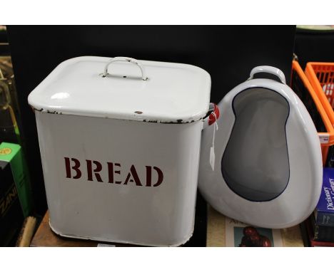 Red and white enamel bread bin and cover, blue and white enamel bed pan (2)