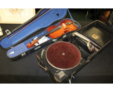 His Masters Voice gramophone, Chinese violin and bow with case (2)