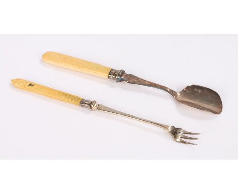 Silver mounted stilton scoop, the bone handle above a silver collar and plated blade, bone handled plated pickle fork (2)