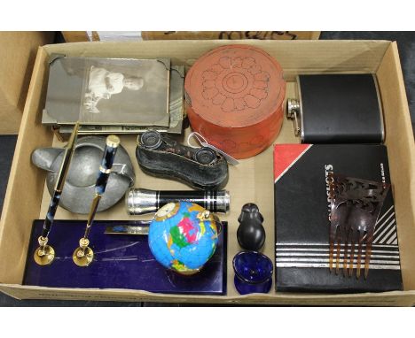 Works of art, to include a Tudric pewter jug, opera glasses, 20th Century photos, boxed darts, hip flask, boxed belt, carved 