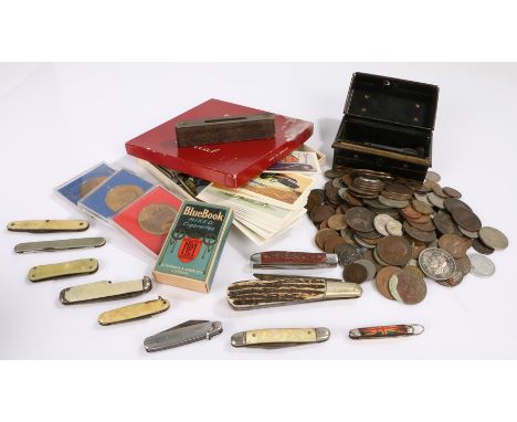 Coins, various denominations and countries, cigarette cards, penknives, spirit level (qty)
