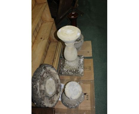 Reconstituted stone pedestal AF, reconstituted stone bird bath, reconstituted stone planter, porcelain jardiniere stand (4)
