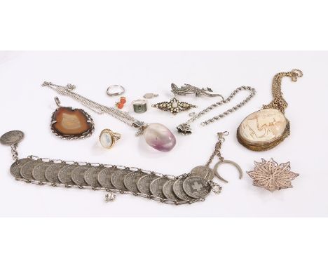 Jewellery to include gold moonstone ring, Swiss coin bracelet, amethyst pendant, quartz pendant, rings etc. (qty)