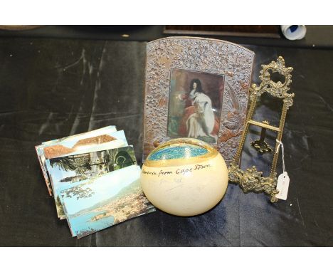 Works of art to include painted ostrich egg "Souvenir from Cape Town", copper picture frame with foliate decoration, pierced 