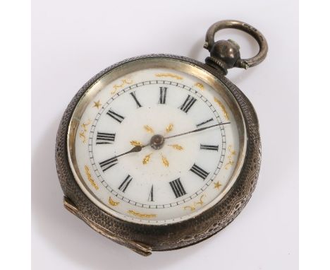 Continental silver open face pocket watch, the white enamel dial with Roman numerals, gilt leaf, swag and star decoration, ke