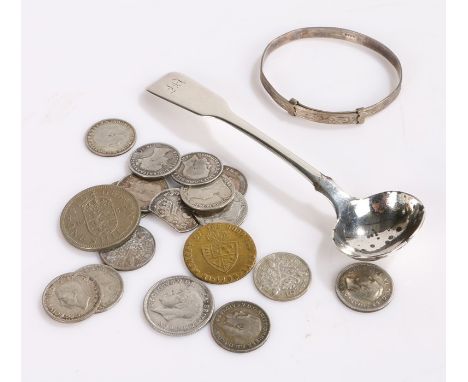 William IV silver mustard spoon, silver bangle, collection of pre 1920 and later three pence pieces etc. (qty