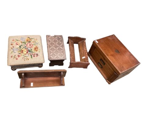 An old oak box fitted for canteen, and labelled inside Elkington &amp; CO, some losses and wear, and some old bookshelves, st