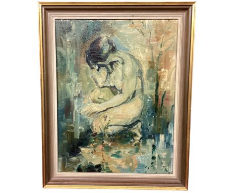 A wooden framed oil on panel,  abstract portrait of a crouched female,  44 x 34 cm approx, label verso,  Title L'Inconnue, Ar