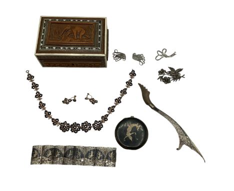 A collection of Thai silver and enamel items together with some white metal and marcasite items. 