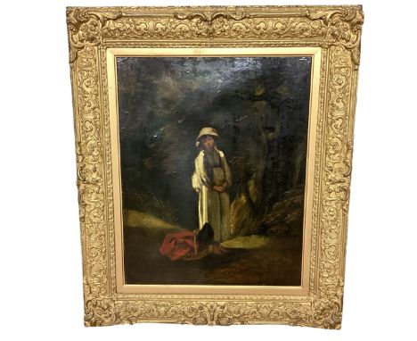 A C19th oil on canvas, portrait of a standing girl with basket, in a forest clearing, some old labels verso, indistinctly tit