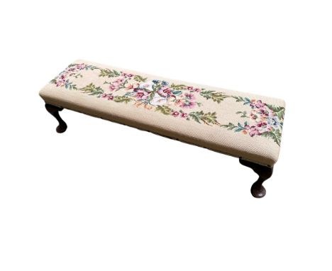 7 items: Four various antique chairs, and a tapestry upholstered low foot stool , and  two  tapestry seated stools, all as fo