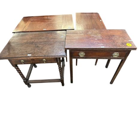 A Georgian oak foldover tea table for restoration, A Georgian oak side table on bobbin supports, and two Edwardian side table