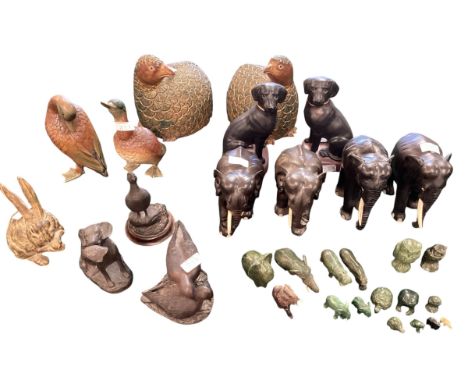 Large quantity of animals figure including two large sitting birds, two ducks, two ceramic dogs figures, metal figures of hai