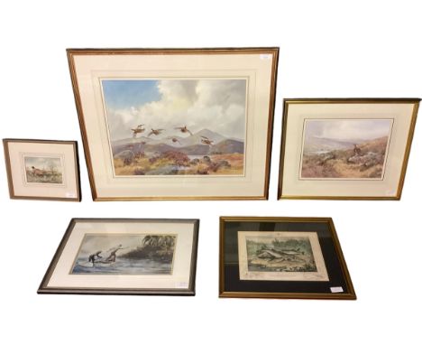 A gilt and glazed framed watercolour of grouse in floight over the heather, signed lower right R W Milliken, 37 x 49cm approx