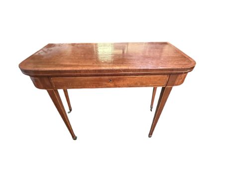 Two items: A Sheraton Revival inlaid mahogany serpentine fold over card table, with green baize to interior. 91cm wide closed