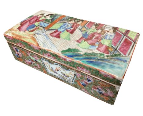 A rectangular lidded Chinese ceramic Famille Rose box, 19cm Long