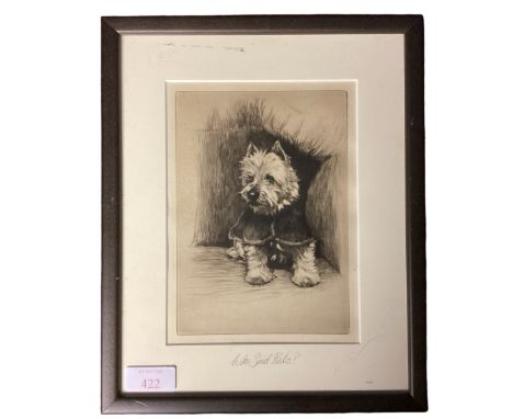 An original Cecil Aldin black and white etching of a terrier, titled "who said Rats", 28.5 x 23cm including frame