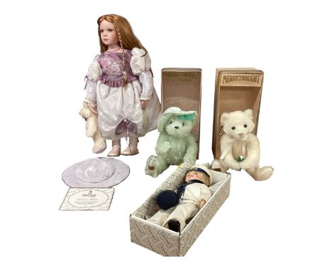 Two Merrythought bears, The Queen Mother and Diana, limited 2500 boxed and cert, together with two Alberon Dolls