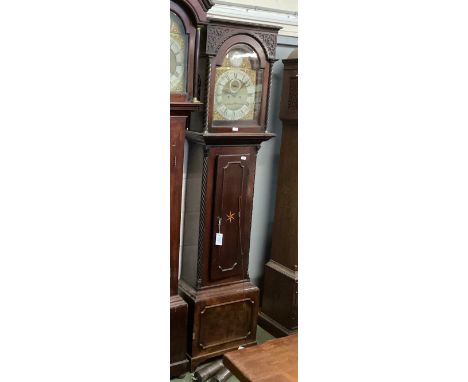 SCOTTISH GEORGE III MAHOGANY LONGCASE CLOCK, ROBERT THOMSON, BONESS. the straight moulded cornice above an arched brass dial 