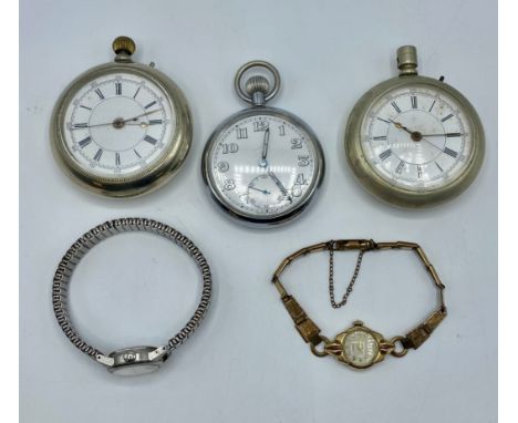 Three white metal pocket watches, one with military arrow and numbered 109697 GSTP, together with a Winegartens automatic wri
