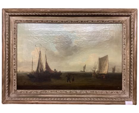 C18/19th oil on panel, Maritime fishing scene with sailing boats and figures , 35cm x 54cm approx, With many old labels verso