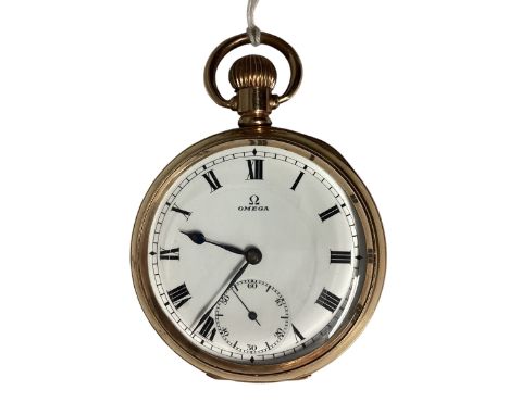 Omega. A yellow metal cased Omega pocket watch. White enamel face with Roman numeral markers. Marked Moon ALD to case. Inner 
