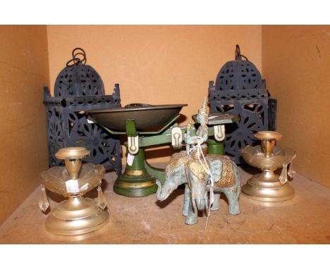 A pair of lanterns, a set of scales, candlesticks etc 