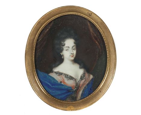 Miniaturmaler des 19. Jh."Portrait einer Dame", en face-Brustbildnis in einem rotem Kleid mit Perlenbesatz und blauem Umhang,