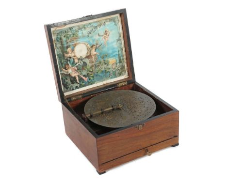 Polyphonum 1890, rechteckiger Holzkorpus, mit Spielwerk, Aufzug und Regler, vollständiger Stahlkamm mit 40 Tönen, mit einer M