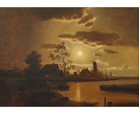 Maler des 19. Jh."Holländische Flußlandschaft bei Mondschein", mit Ruderboot und Windmühlen, unten rechts undeutl. sign. "R. 