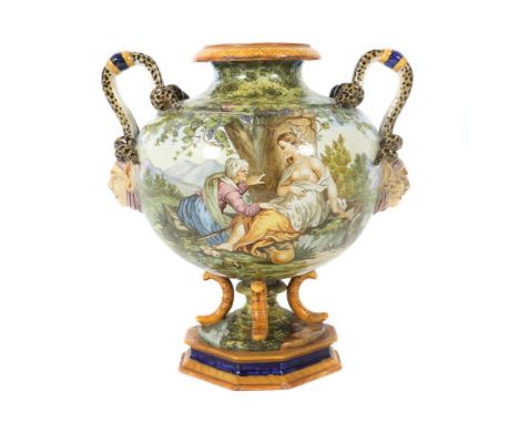 Italienische Fayencevase mit DoppelschlangenhenkelnRichard Ginori, Doccia, Florenz, nach 1860, rötlich-beiger Scherben, weiß 