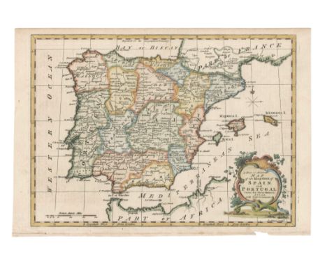 This beautifully coloured copper engraved map of Spain and Portugal was published in 1773 in London for the New Geographical 