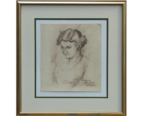 *Dame Laura Knight (1877 - 1970), pencil portrait of a lady, inscribed 'To Francis Polly With Gratitude Laura Knight', in gla