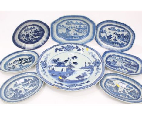 18th century Chinese export blue and white charger of silver shape, painted with landscape and pagoda with floral and hatched