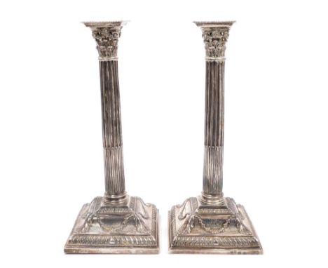 Pair tall George III silver Corinthian Column candlesticks with fluted columns and pierced capitals, on square floral festoon