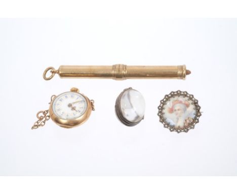 S. Mordan & Co. gold (9ct) pencil, Edwardian portrait miniature brooch, Edwardian pendant fob watch with glass bubble back an