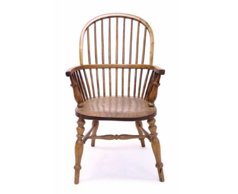 19th century ash and elm stick back chair with arched back and saddle seat on turned legs, maker's stamp - T. B., with furthe