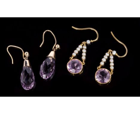 Pair Edwardian amethyst and seed pearl earrings and a pair of Edwardian briolette cut amethyst pendant earrings CONDITION REP