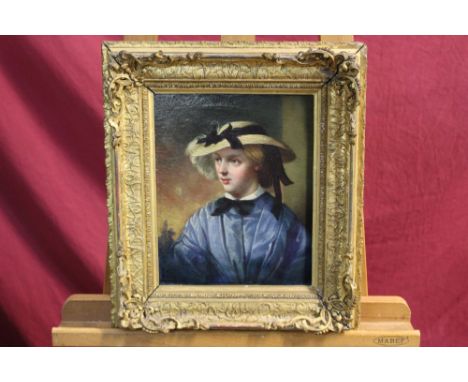 Victorian English School oil on canvas - portrait of a lady in straw hat and blue dress, in gilt frame, 25cm x 20cm