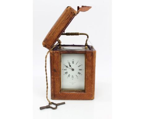 Victorian brass carriage clock with white enamel dial, retailed by Barraud & Dundas, London, in original fitted case, 17cm hi