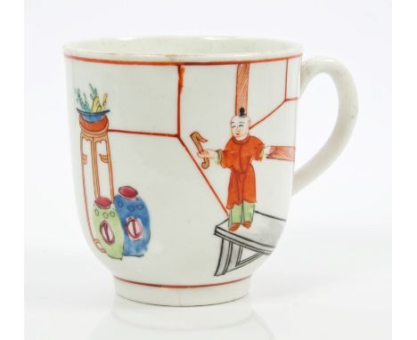 18th century Worcester coffee cup with notched loop handle, painted in coloured enamels in the Chinese style, with two figure