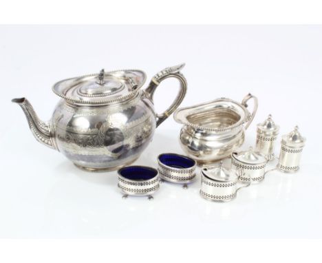 1930s silver five piece condiment set with pierced decoration - comprising pair salts, pair mustards and single pepper with b