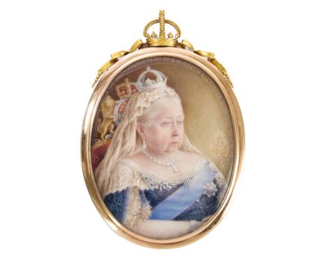 HM Queen Victoria - very fine Royal Presentation oval miniature portrait of The Queen, seated on a throne, wearing the Empres