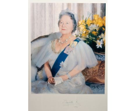 HM Queen Elizabeth The Queen Mother - large signed presentation portrait photograph of The Queen Mother in a beautiful ball g