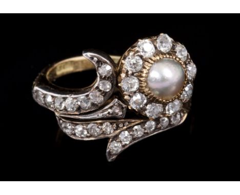 Early Victorian pearl and diamond flower ring, the flower head centred with a half pearl surrounded by old cut diamonds, in a