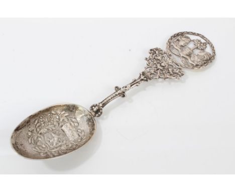 19th century Dutch silver spoon with large oval bowl with embossed decoration of a crown and lion shield, possibly representi