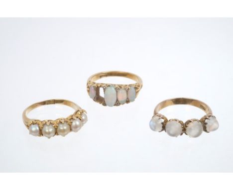 Victorian pearl five stone ring (pearls not tested for natural origin), Victorian opal ring (one stone missing) and a Victori