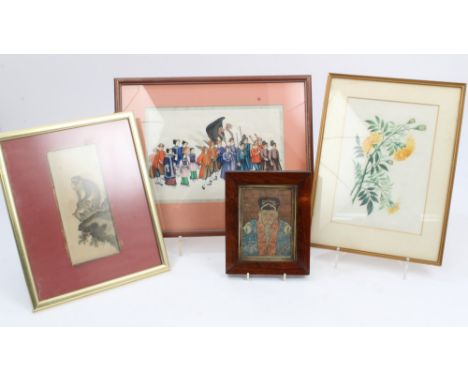 Good 19th century Chinese painting on rice depicting a procession, 18cm x 27cm, together with a floral painting on rice paper